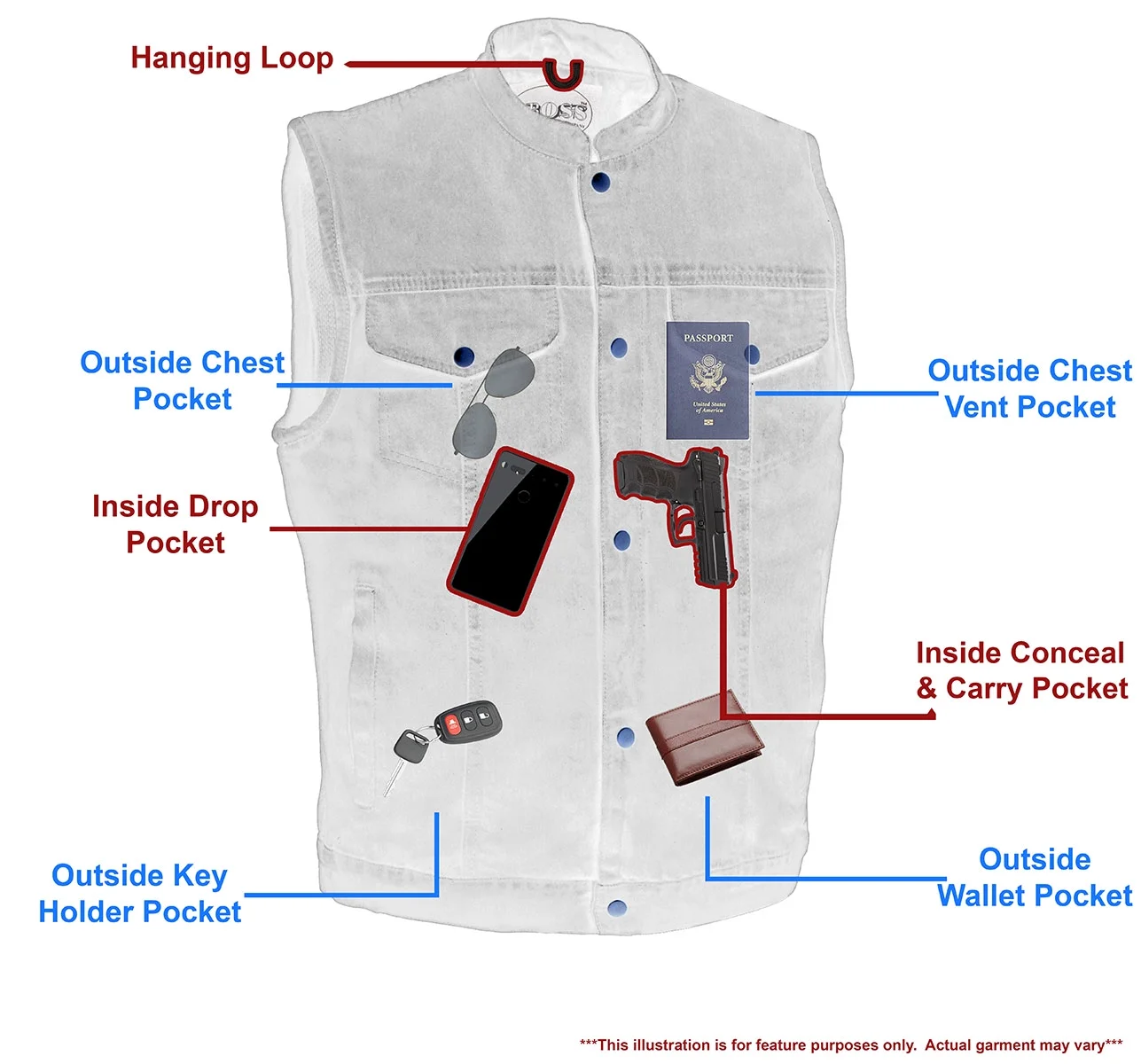 M Boss Motorcycle Apparel Apparel BOS13520 Men's Blue Denim Snap Front Club Style Motorcycle Rider Vest Large - Curated Treasures Market