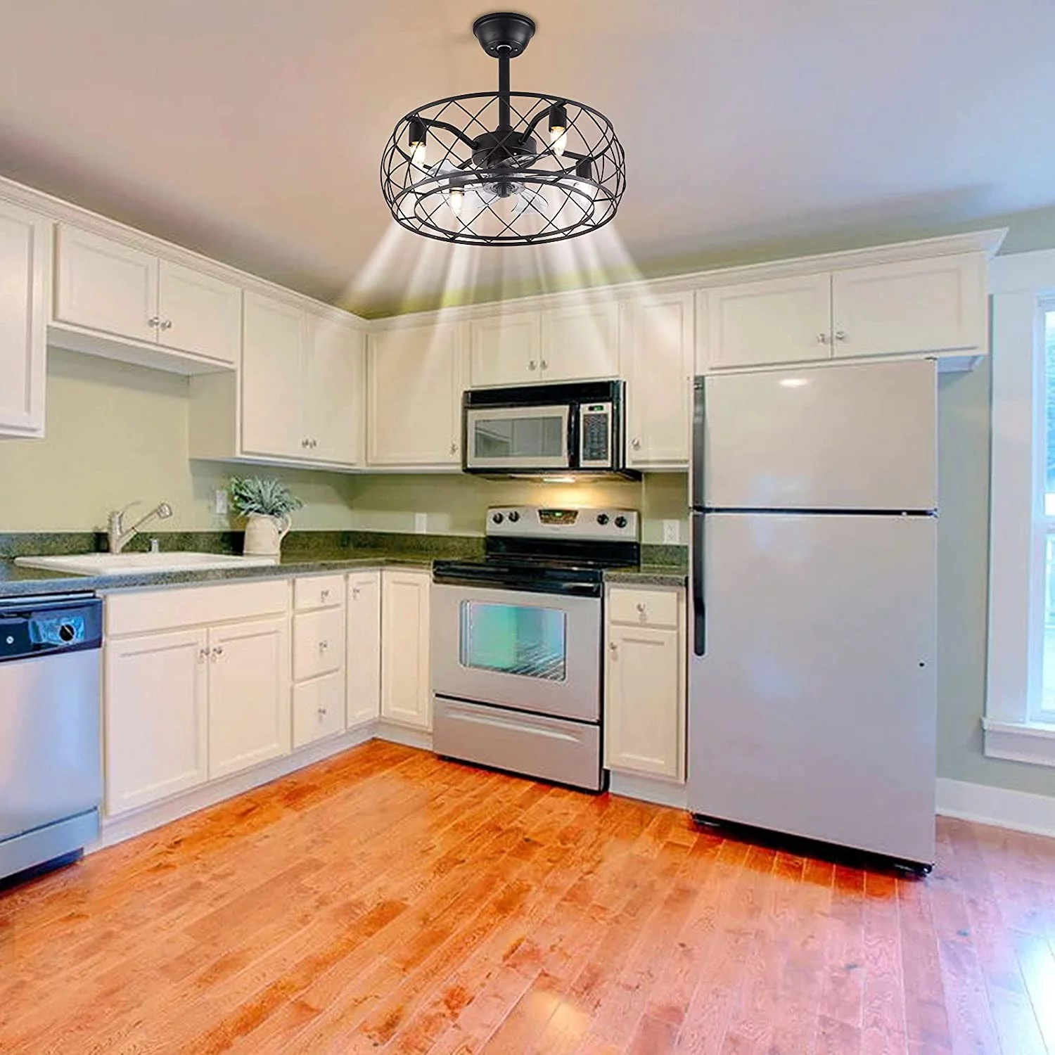 Miumaeov 18 Inch Enclosed Ceiling Fan with Light and Remote Control 3 Wind Speed Timing Smart Ceiling Fan Chandelier Iron Frame Black