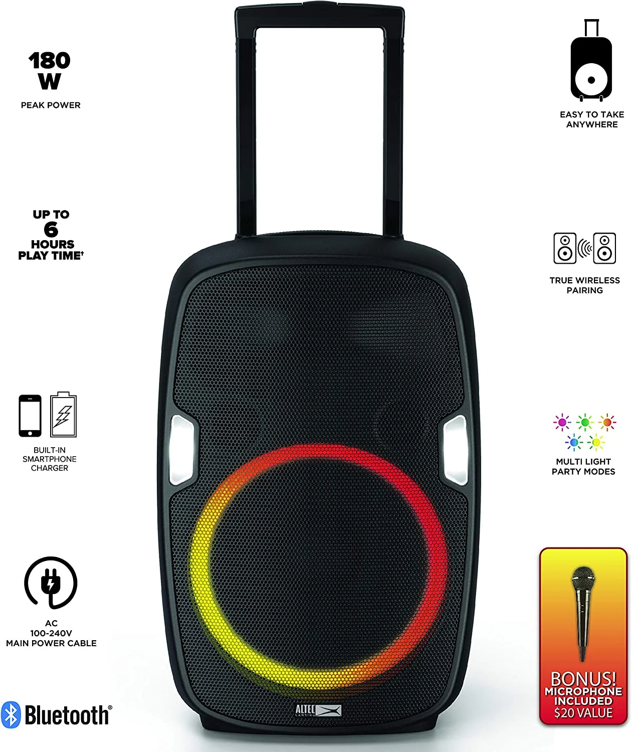 Altec Lansing SoundRover Wireless Bluetooth Party Speaker, 180W, LED Lighting Modes, Black- IMT7002-BLK