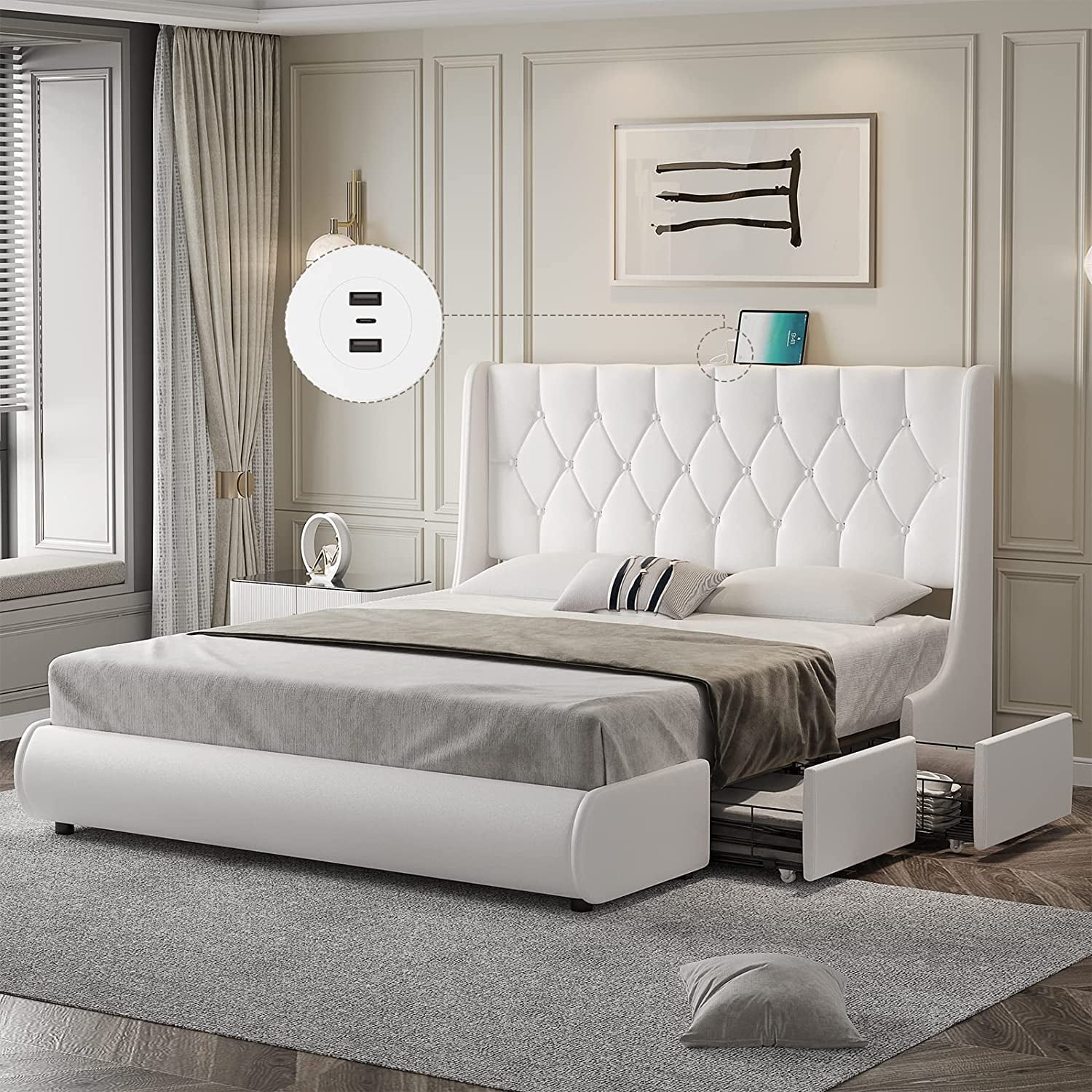 Queen Bed Frame ，Modern White Button Tufted Faux Leather Upholstered Low Profile Platform Bed Frame With Wingback Headboard ，USB Ports 4 Drawers Storage, White - Curated Treasures Market