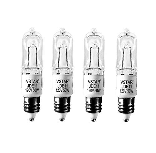 VSTAR JDE11 120V 50W Halogen,E11 Halogen Bulb Warm White,Dimmable,Mini-Candelabra T4 Halogen Light Bulb for Chandeliers,Pendants,Table Lamps,Cabinet Lighting(Pack of 4)