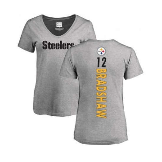 Football Women's Pittsburgh Steelers #12 Terry Bradshaw Ash Backer V-Neck T-Shirt
