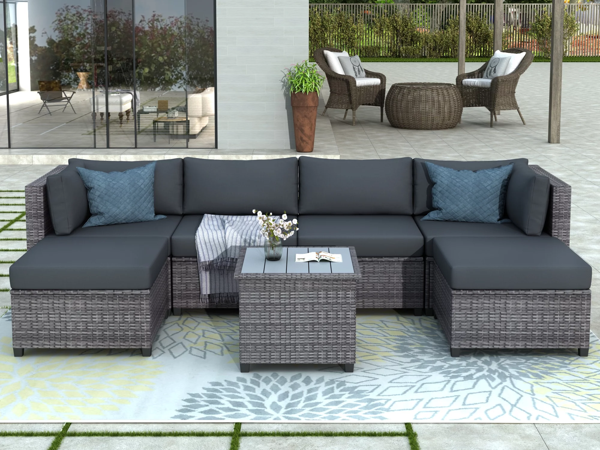 Euroco 7 Piece Rattan Sectional Seating Group with Cushions, Outdoor Ratten Sofa Set for 6 Persons, Gray - Curated Treasures Market