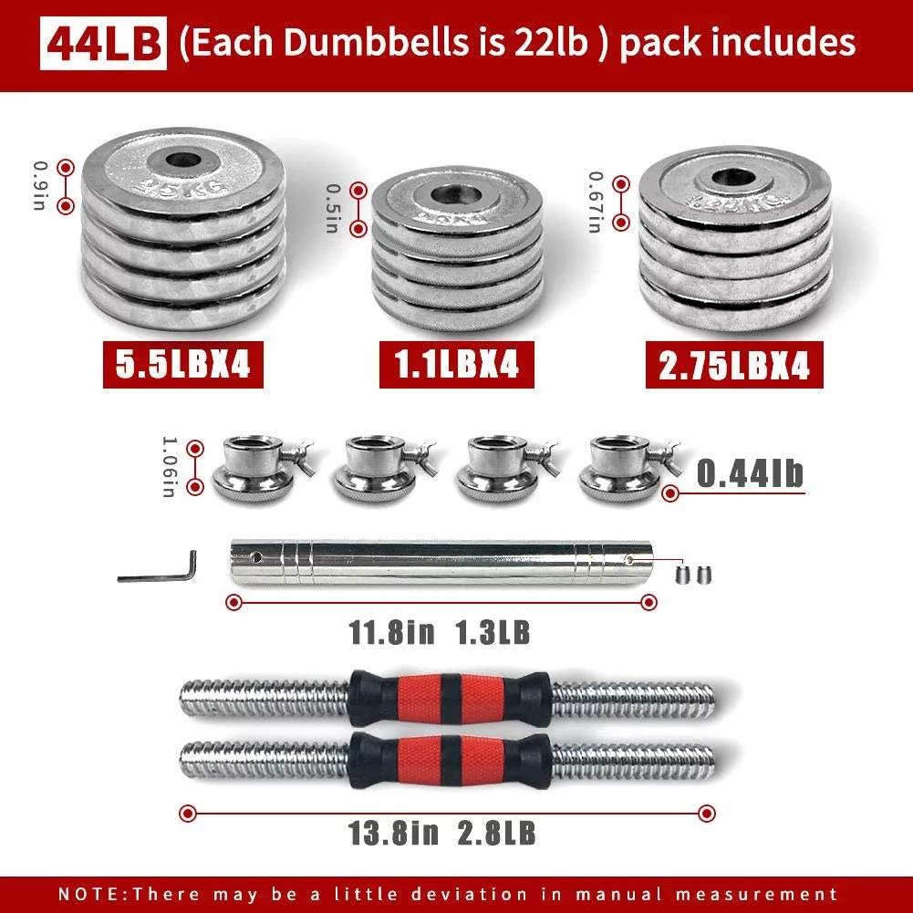 Adjustable Dumbbell Set Home Gym Cast Iron Barbell Sets with Carry Box 44lbs 66lbs 110lbs Office Bedroom Workout Dumbbells for Men and Women