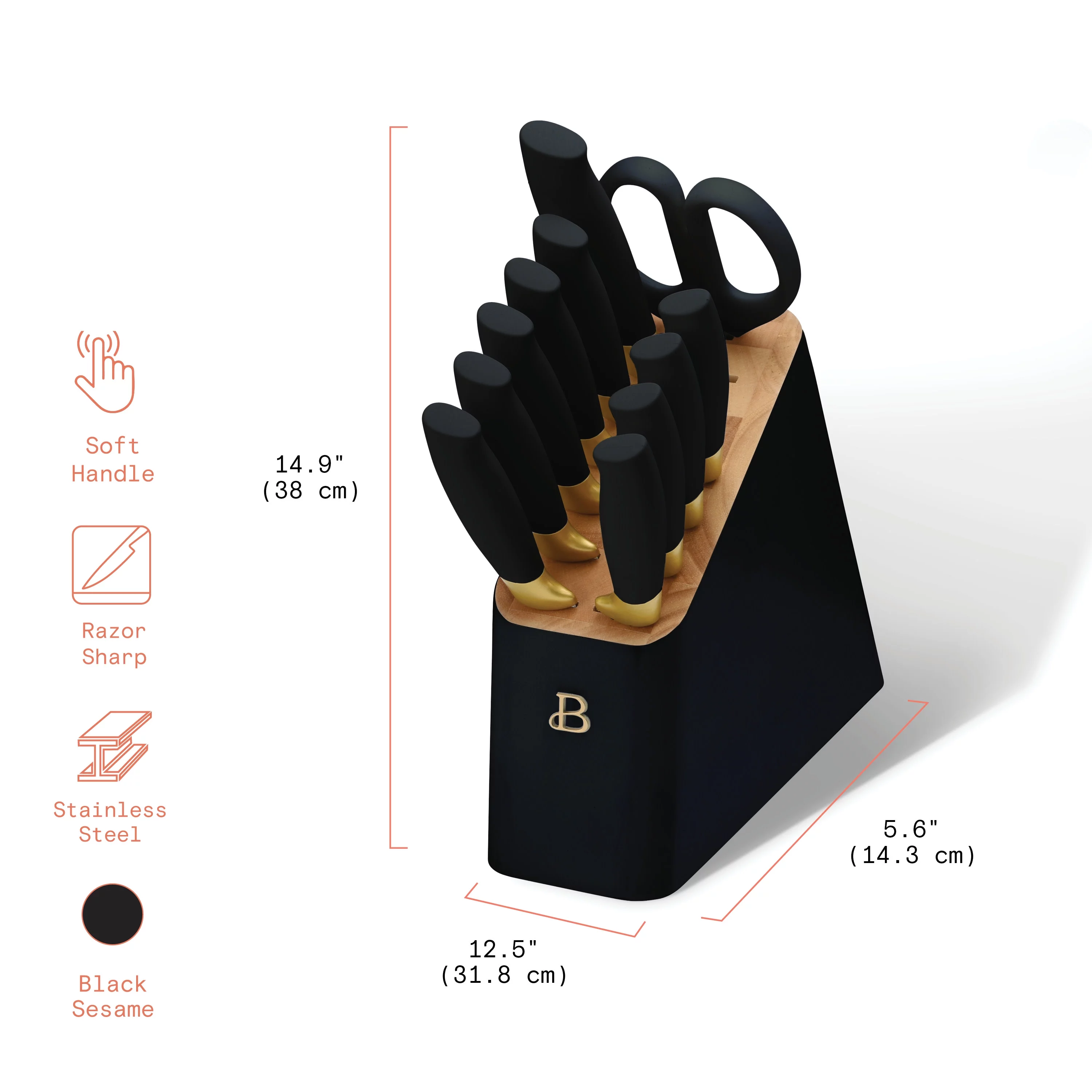 Beautiful 12 Piece Knife Block Set with Soft-Grip Ergonomic Handles White and Gold by Drew Barrymore
