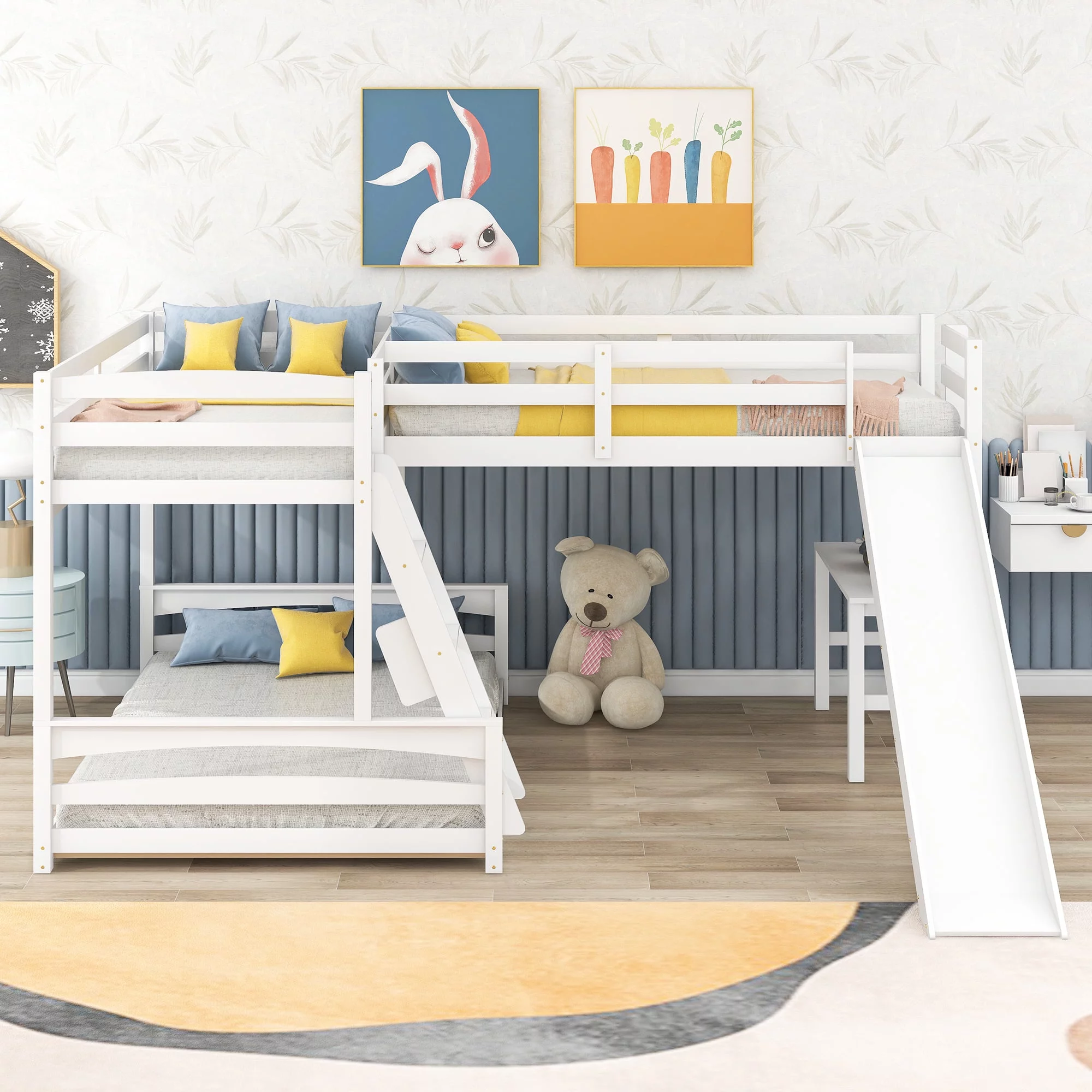 L Shaped Bunk Bed with Desk and Slide, Full-Length Guardrail, Wooden Twin over Full Bunk Corner Bed for Kids Teens Adults, 3 Beds in 1(White) - Curated Treasures Market