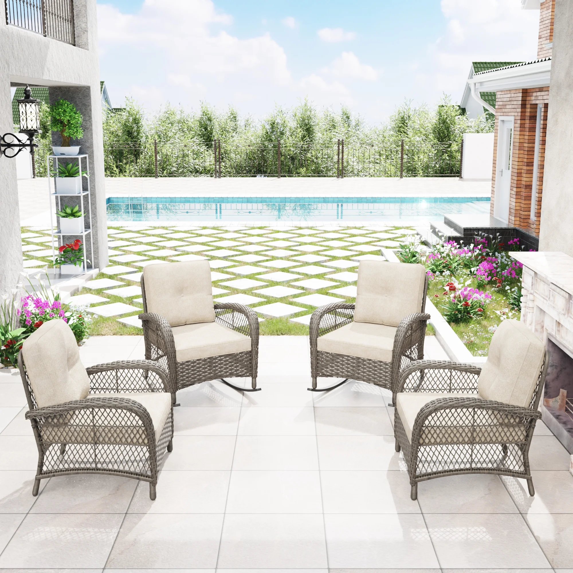 MeetLeisure 4-Piece Outdoor Wicker Chairs, Including 2 Armchairs and 2 Rocking Chairs, Beige - Curated Treasures Market