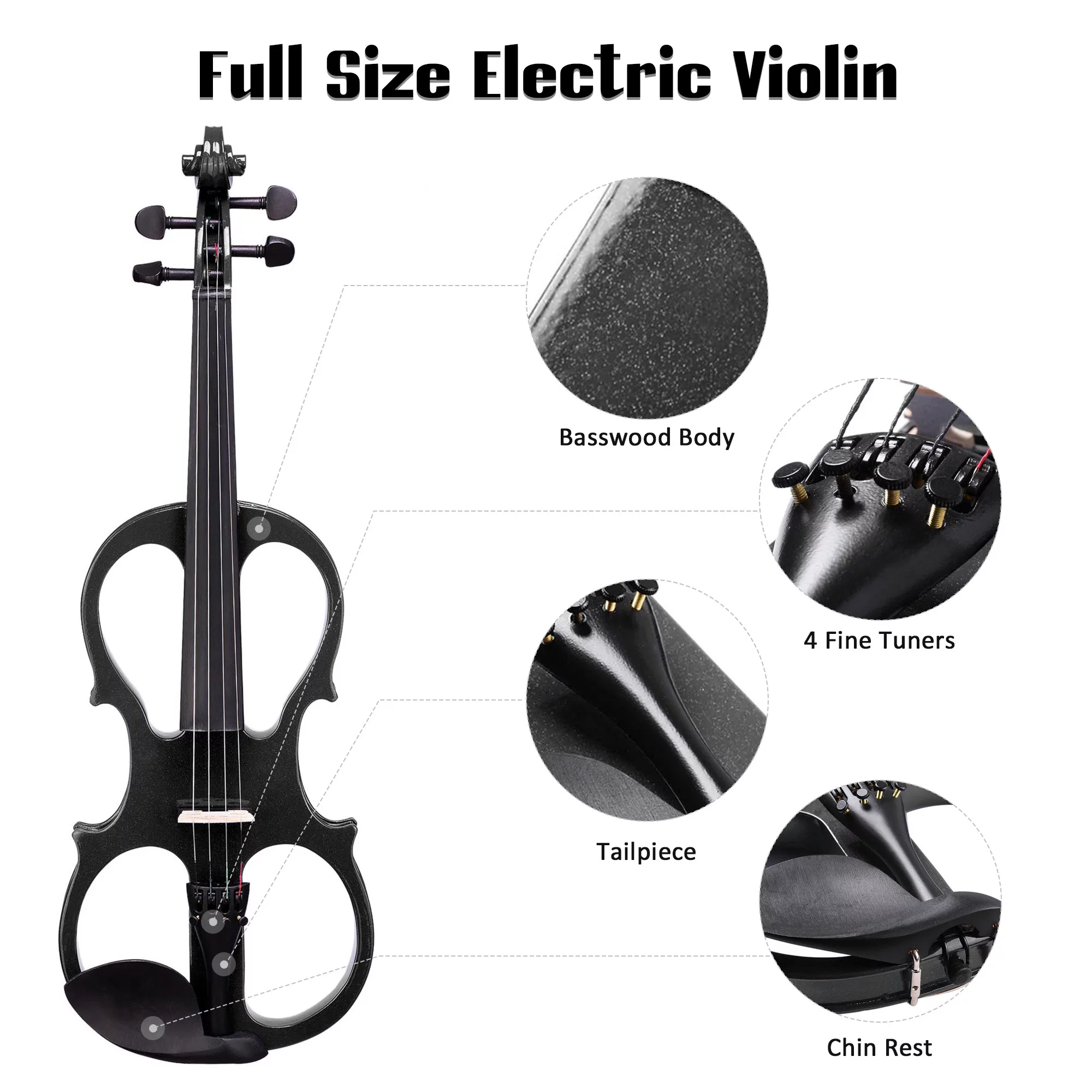 4/4 Electric Violin Full Size Wood Silent Fiddle Stringed Instrument Bow Headphone Case Black - Curated Treasures Market