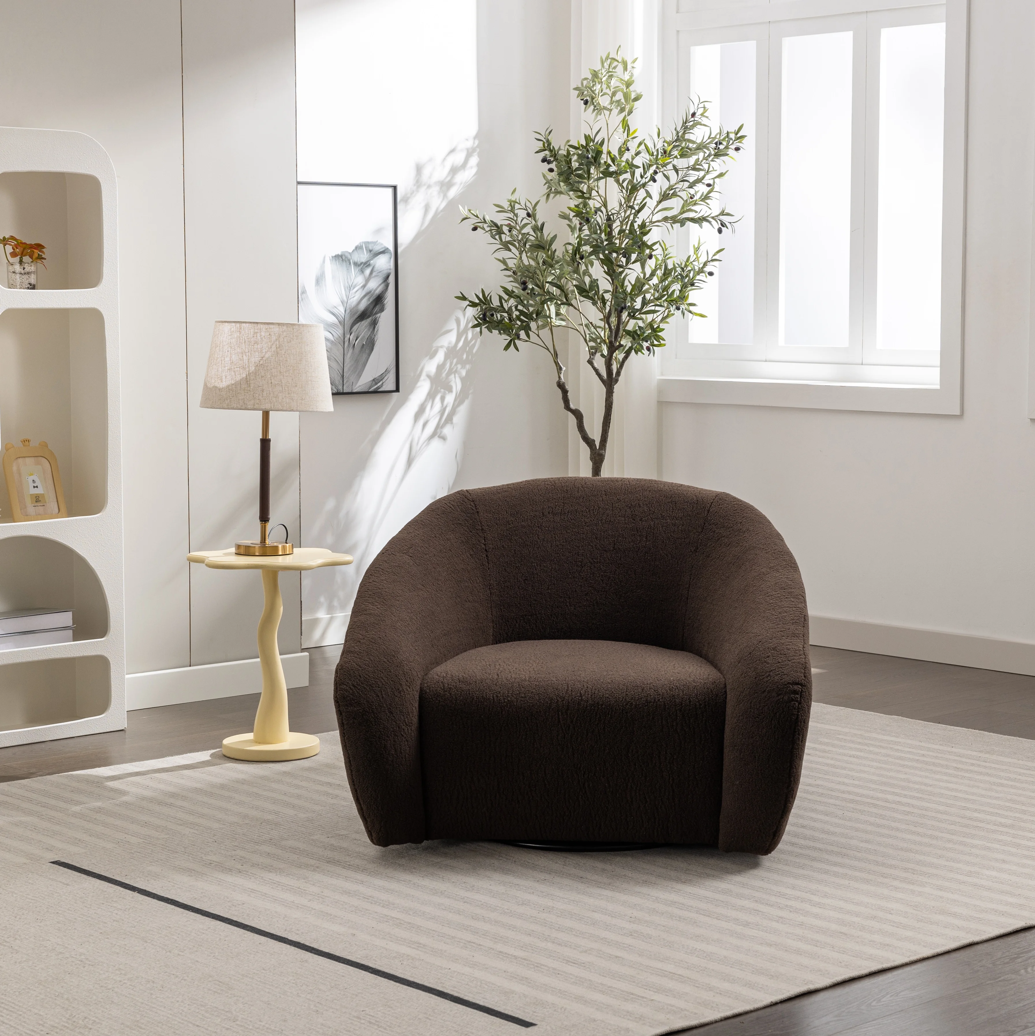 Roundhill Furniture Luzern Modern Boucle Upholstered Accent Chair, 360° Swivel, Chocolate - Curated Treasures Market