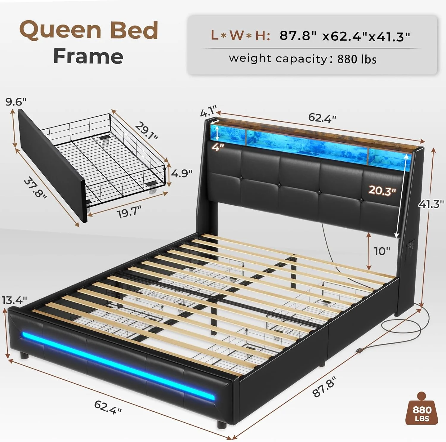 Queen Bed Frame with Storage Headboard and Drawers, Bed Frame with LED Light and Charging Station, Wooden Slats, PU Leather,No Box Spring Needed - Curated Treasures Market