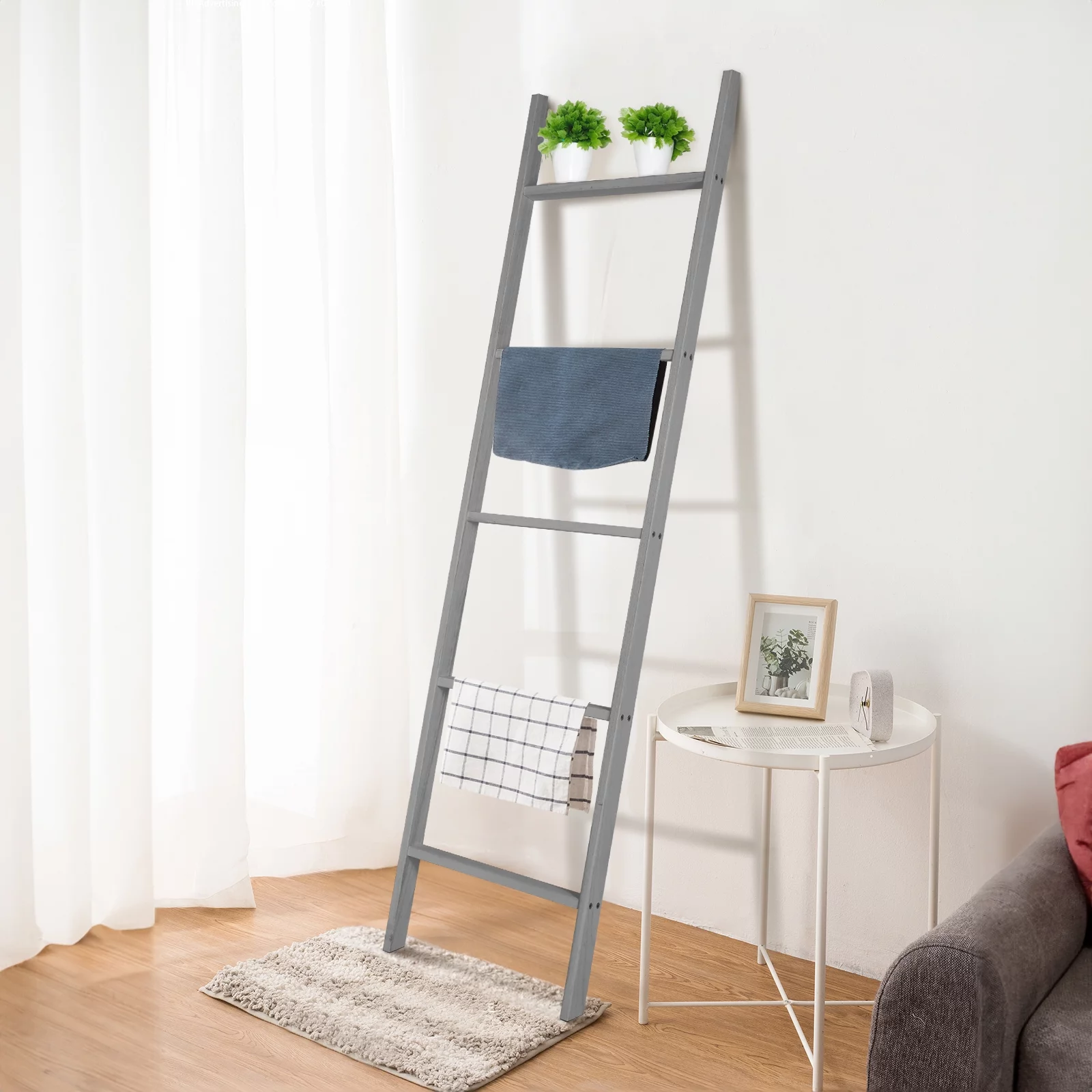 Fionafurn 5-Tier Modern Ladder Shelf,Wooden Flower Book Display Shelf，Leaning Wall Shelf，Gray - Curated Treasures Market