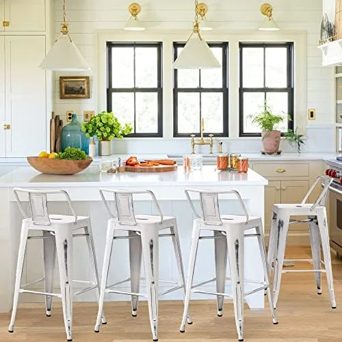 HYHBIBOOM Changjie  Metal  Stools Set of 4 Distressed Industrial Counter  Stool with Backs Bistro Cafe Barstools(26 inch  Distressed White) - Curated Treasures Market