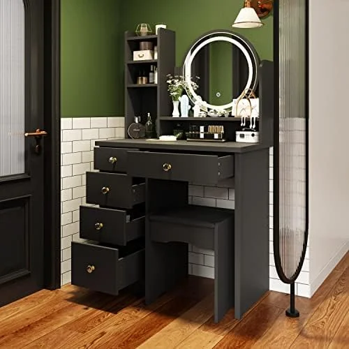 HBBOOMLIFE FUFU&GAGA Vanity Set with Round Mirror  Makeup Vanity Dressing Table with 5 Drawers  Shelves  Dresser Desk and Cushioned Stool Set (Black/Lighted Mirror) - Curated Treasures Market