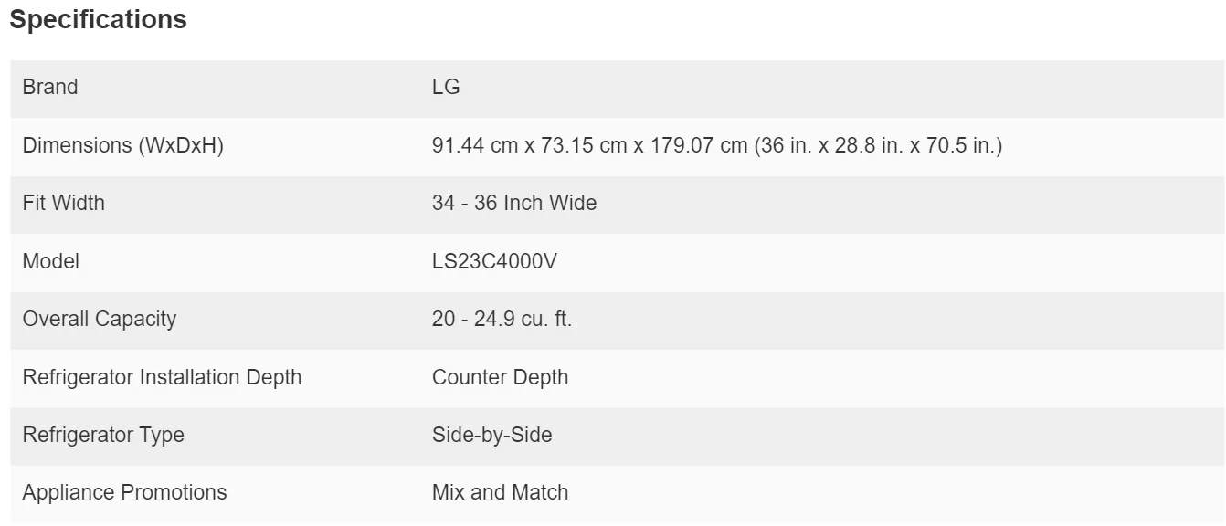 LG 36 IN. 23 CU. FT. COUNTER DEPTH SIDE BY SIDE REFRIGERATOR WITH DOOR COOLING+ - LS23C4000V