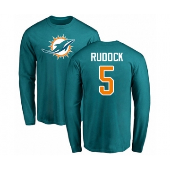 Football Miami Dolphins #5 Jake Rudock Aqua Green Name & Number Logo Long Sleeve T-Shirt