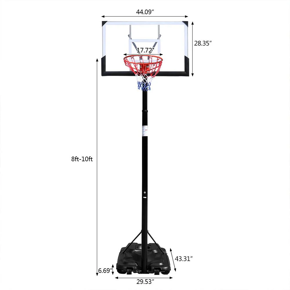 Ktaxon 44in Portable Basketball Hoop, 8ft - 10ft Height Adjustable Basketball Goal System, with Wheels and Shatterproof Backboard