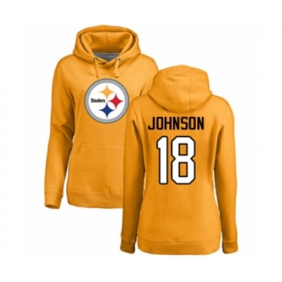 Women's Pittsburgh Steelers #18 Diontae Johnson Gold Name & Number Logo Pullover Hoodie