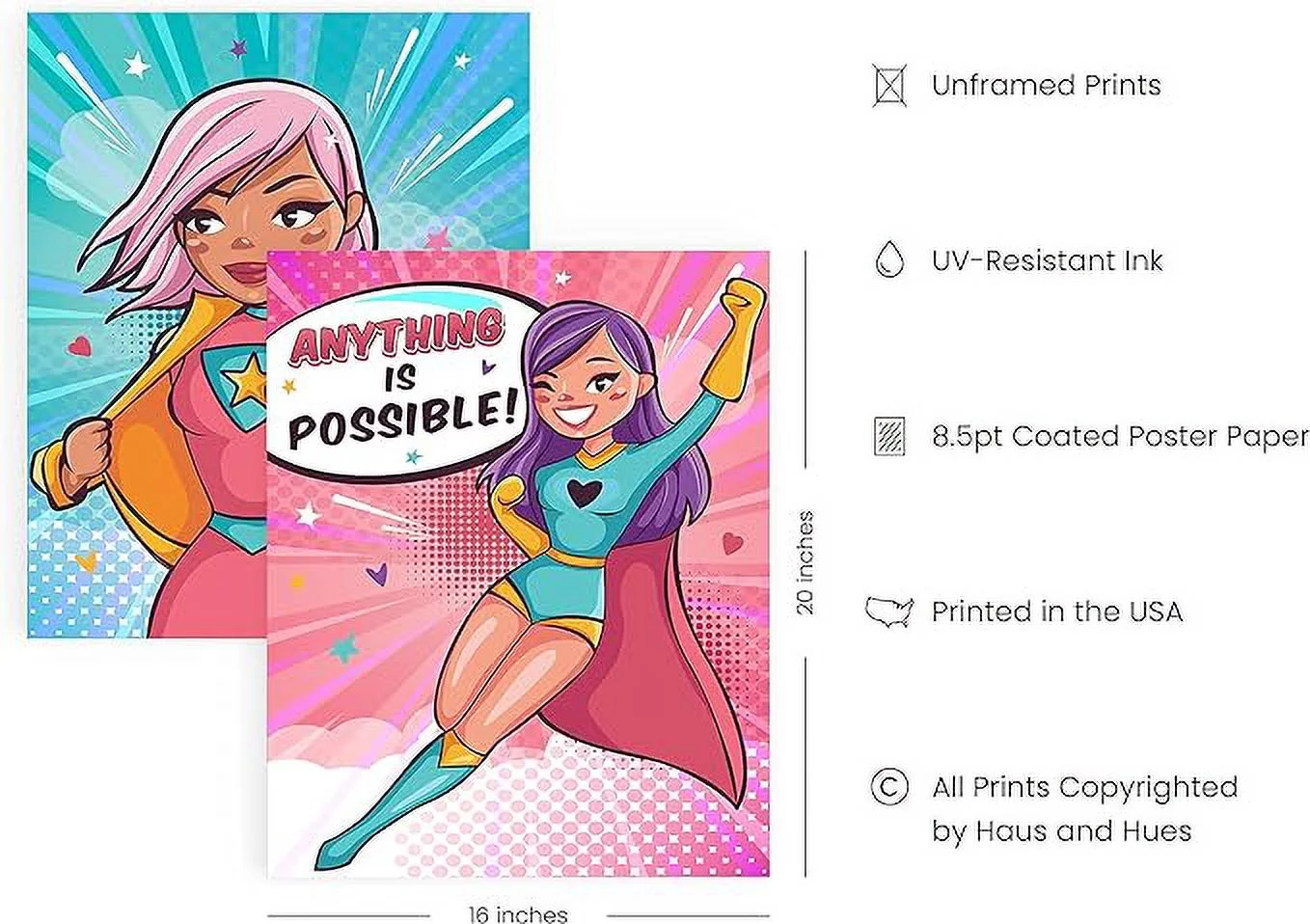 HAUS AND HUES Posters for Teen Girls Room - Supergirl Inspirational Wall Art Prints Cute Girl Wall Decor, Positive Affirmation Bedroom Superhero Motivational Wall Art for Kids (Unframed 16x20) - Curated Treasures Market