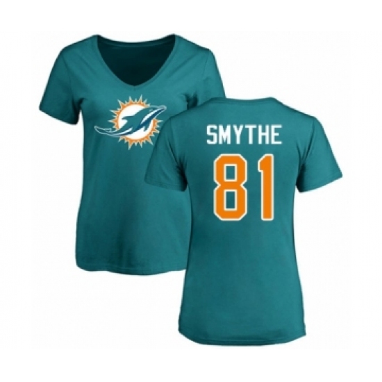 Football Women's Miami Dolphins #81 Durham Smythe Aqua Green Name & Number Logo T-Shirt