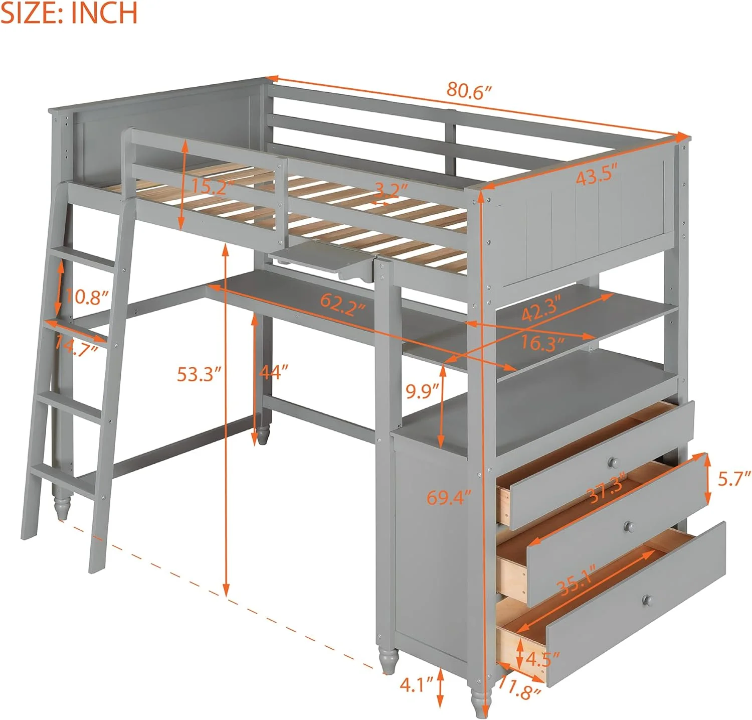 Lof Bed Wih Desk Ad 3 Drawers. Solid Wood Size Lof Bed Frame Wih 2 ier Shelves Ad Agled Ladder For Kids ees Boys Girls. o Box Sprig eeded (Grey)