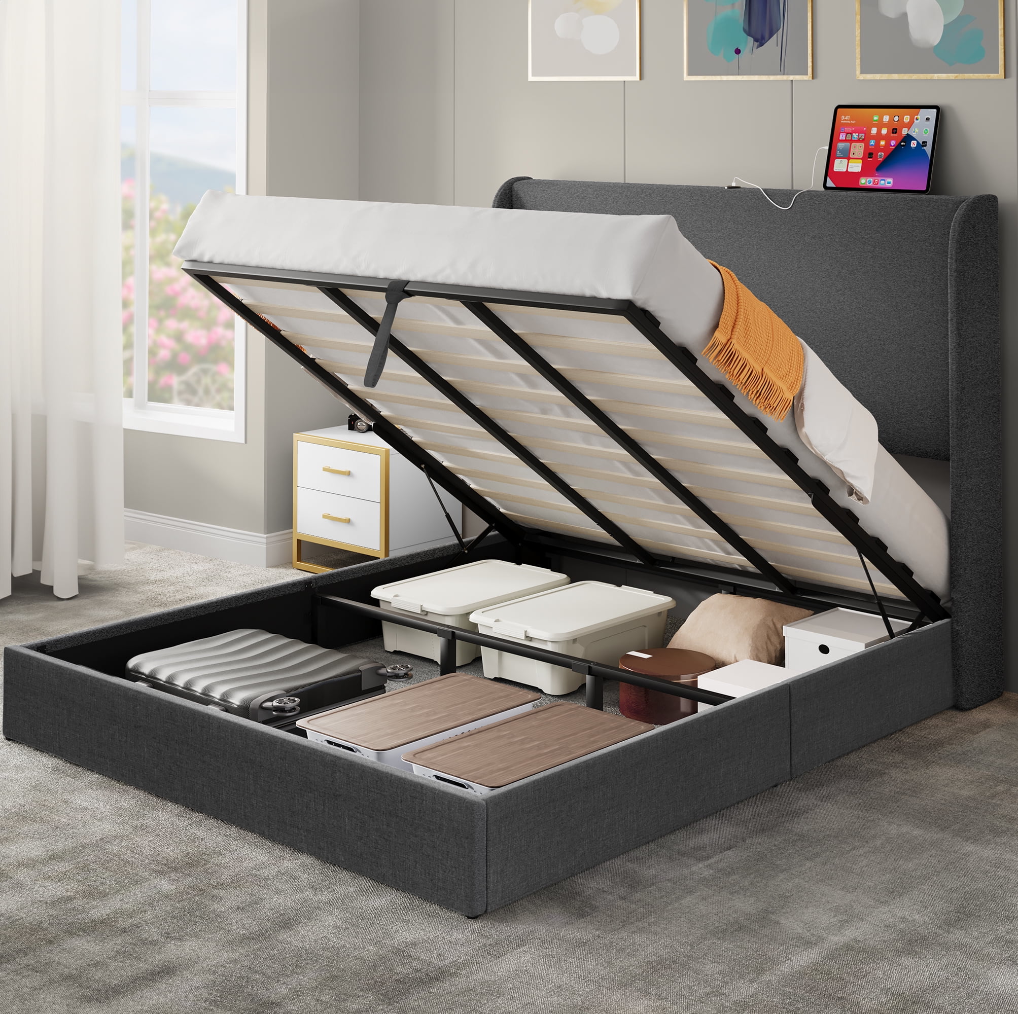 Dextrus Queen Size Lift-Up Storage Bed with Charging Station and 50.4 High Wingback Headboard, Hydraulic Storage, No Box Spring Needed - Beige