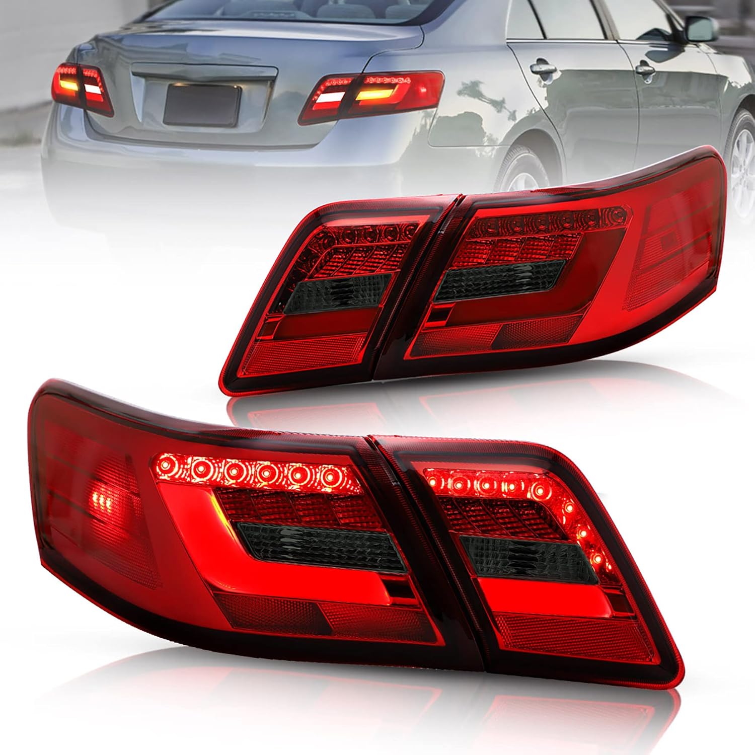 VLAND LED Tail lights Compatible with Toyota Camry 2007-2011 with 3D Light Bar, Not Fit LE Models and Hybrid (Factory LED Rear Light) Red Smoke