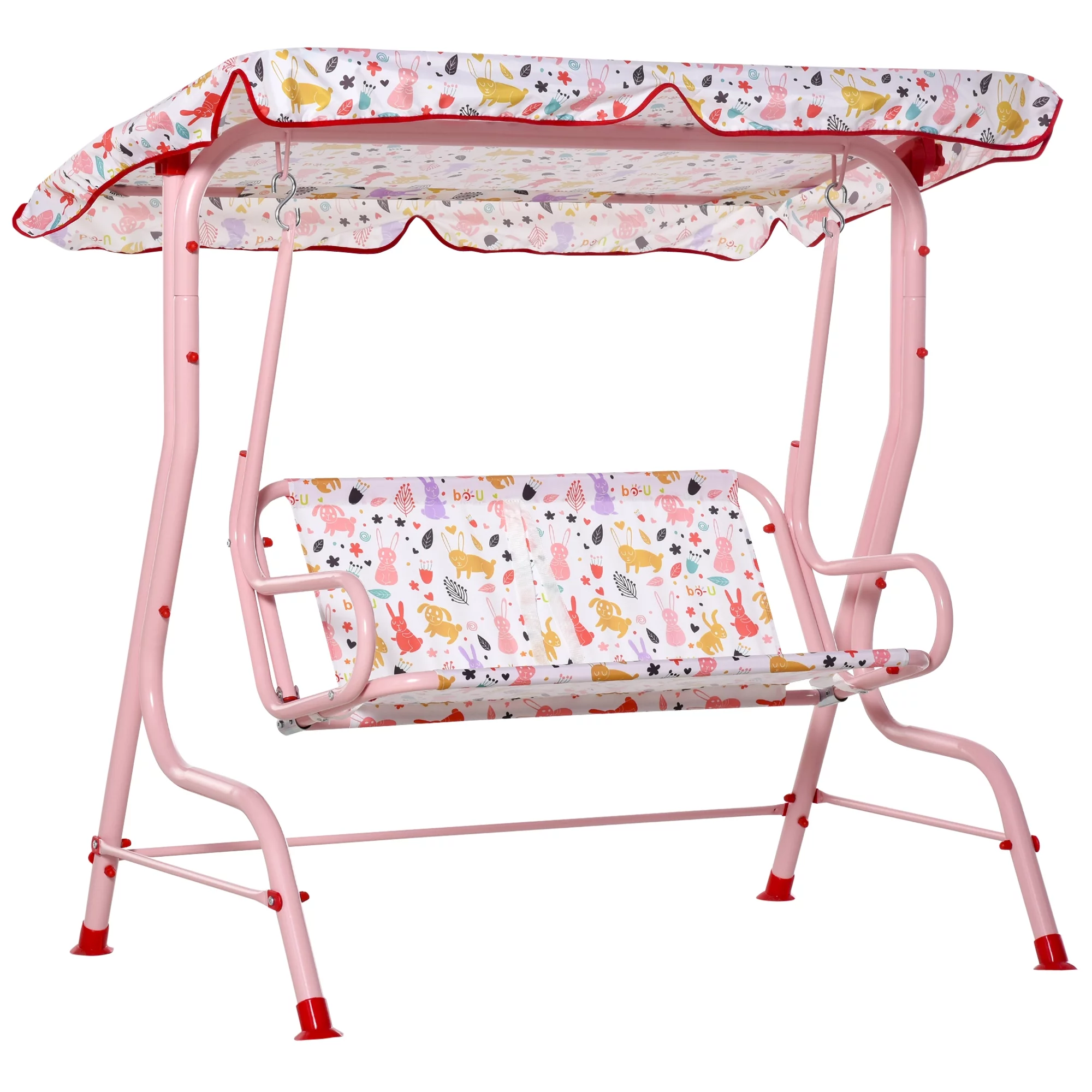 Outsunny Kids Porch Swing, Outdoor 2-Seat Patio Chair, Toddler Glider with Adjustable Canopy, Seat Belt for Garden Backyard Rabbit Pattern - Curated Treasures Market