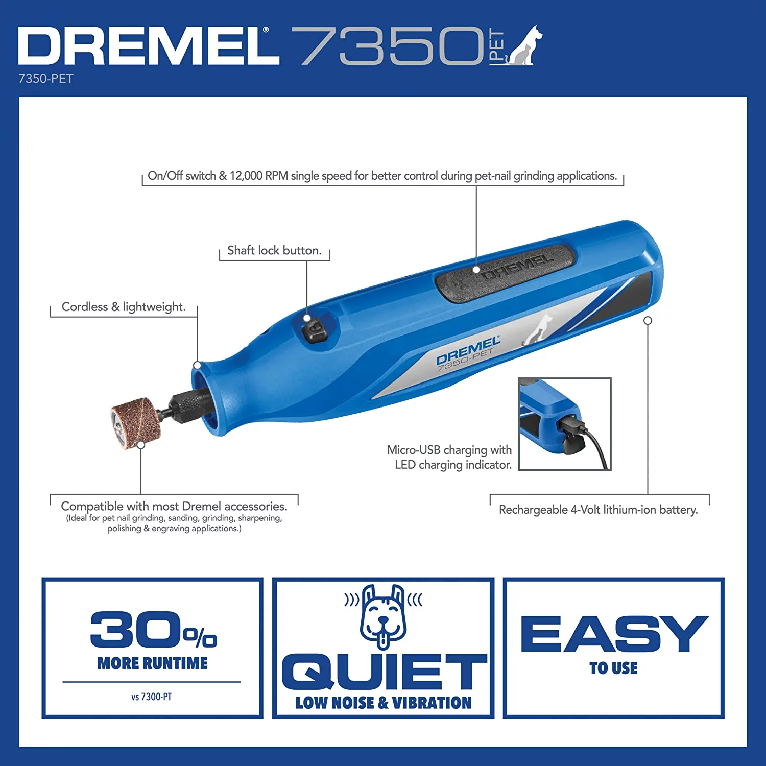 Dremel 7350-Pet 4V Pet & Dog Nail Grinder, Easy-to-Use & Safe Nail Trimmer, Professional Pet Grooming Kit - Works on Large, Medium, Small Dogs & Cats