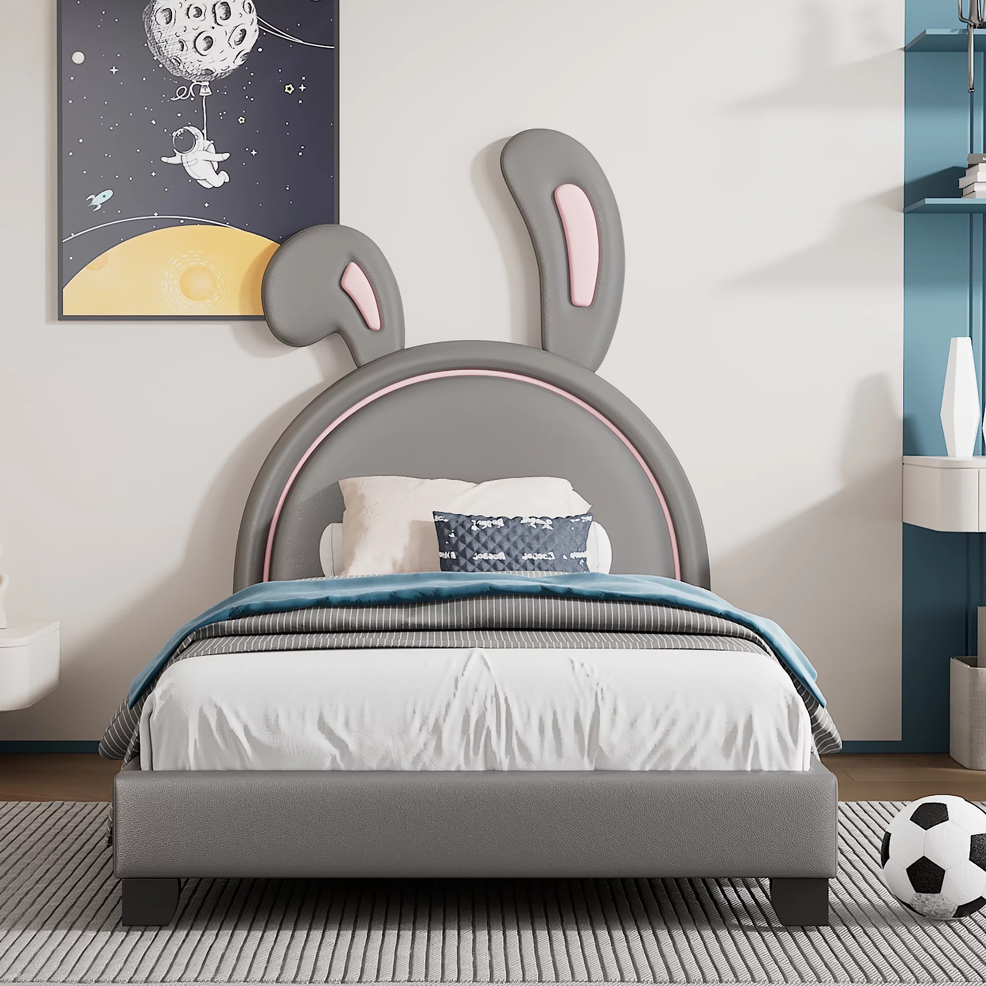 Sesslife Twin Bed for Kids Toddlers, Lovely Upholstered Leather Platform Bed with Rabbit Ornament, Twin Size Bed Frame with Headboard, Bedroom Single Bed for Girls Boys, No Box Spring Needed, Gray - Curated Treasures Market