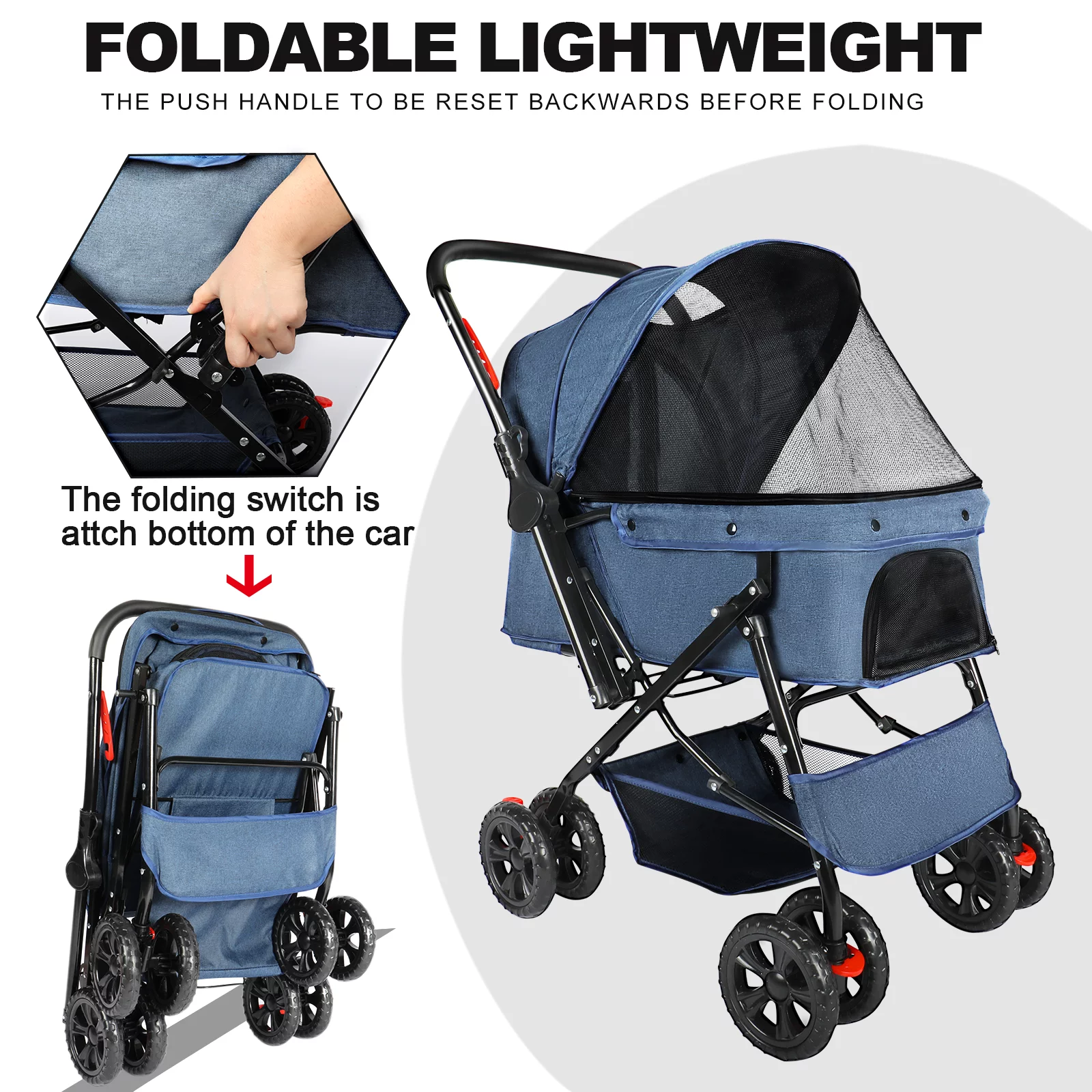 Wedyvko Pet Stroller forAll pets with Reversible Handle, Front wheel rotates 360，Dog Stroller for Small or Medium Animal up to 40 Pounds,Four Wheels Pet cart（Blue) - Curated Treasures Market