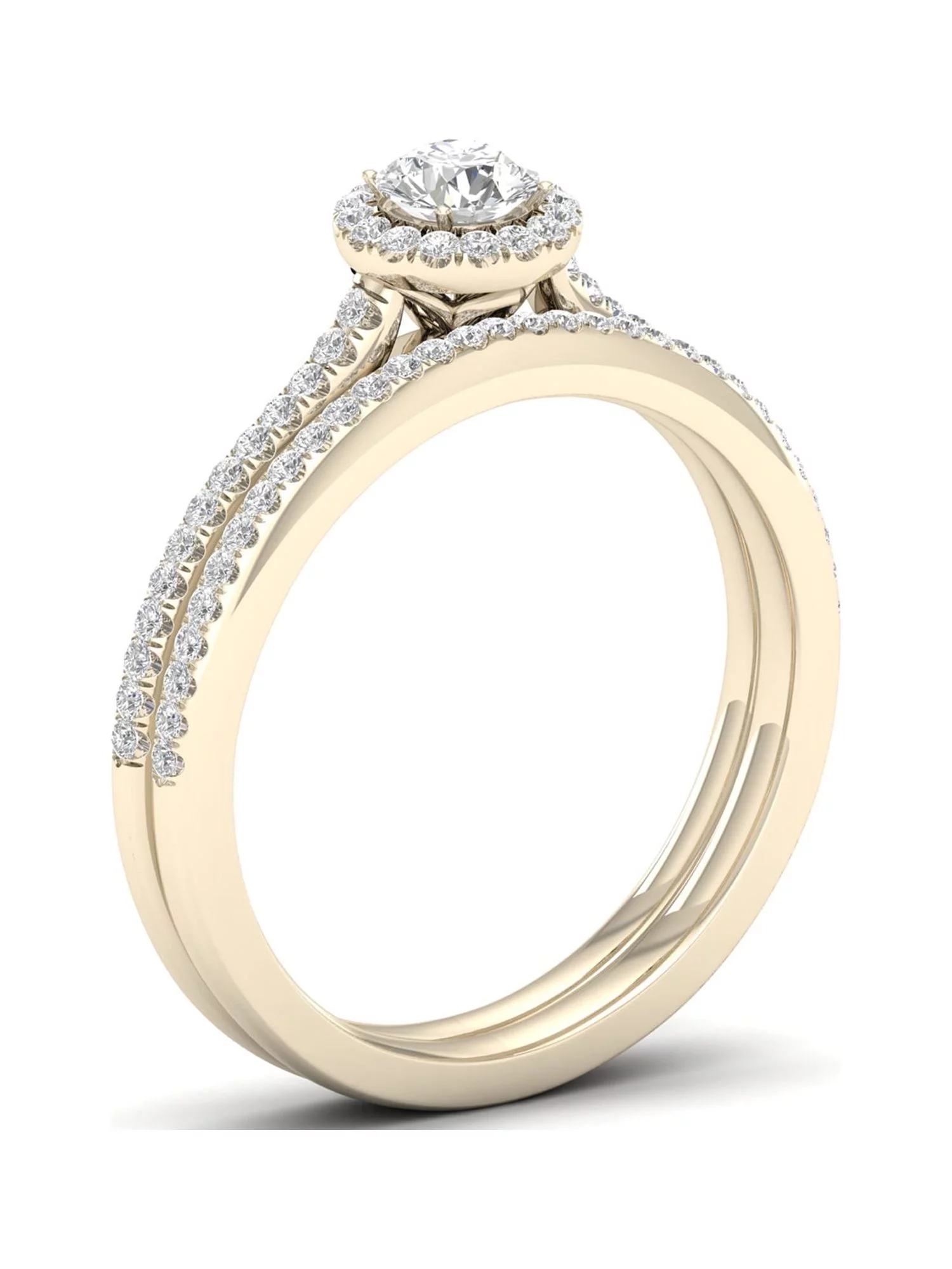 3/8Ct TDW Diamond 10k Yellow Gold Center Stone Halo Engagement Ring Set (I-J, I2) - Curated Treasures Market