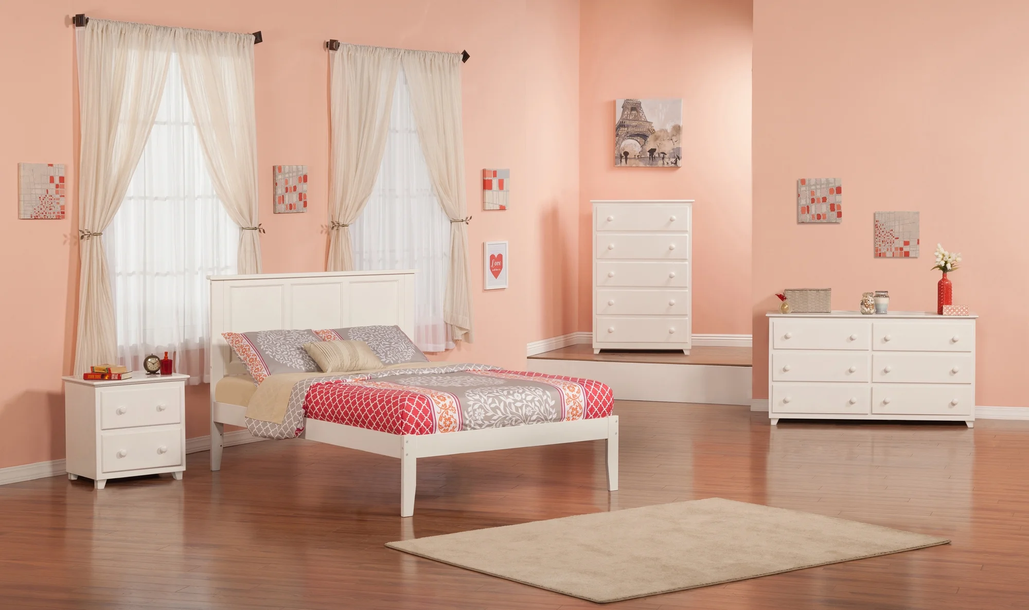 AFI Madison Full Solid Wood Platform Bed with Panel Headboard in White