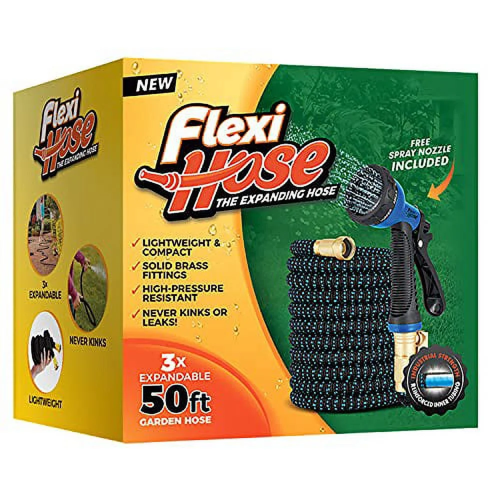 Flexi Hose with 8 Function Nozzle Expandable Garden Hose, Lightweight & No-Kink, 50 FT Blue Black - Curated Treasures Market
