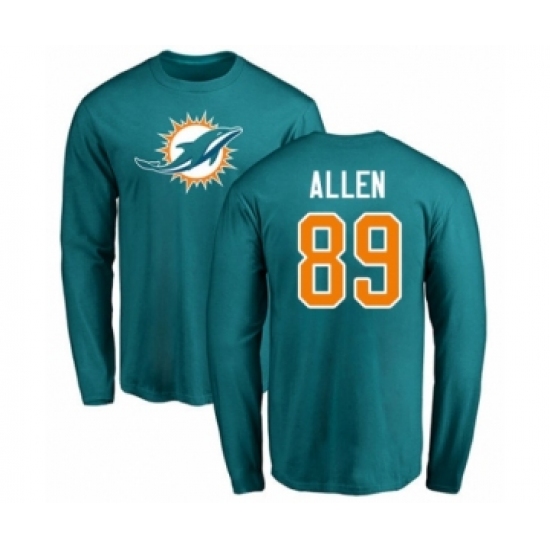 Football Miami Dolphins #89 Dwayne Allen Aqua Green Name & Number Logo Long Sleeve T-Shirt