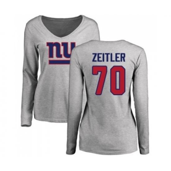 Football Women's New York Giants #70 Kevin Zeitler Ash Name & Number Logo Long Sleeve T-Shirt