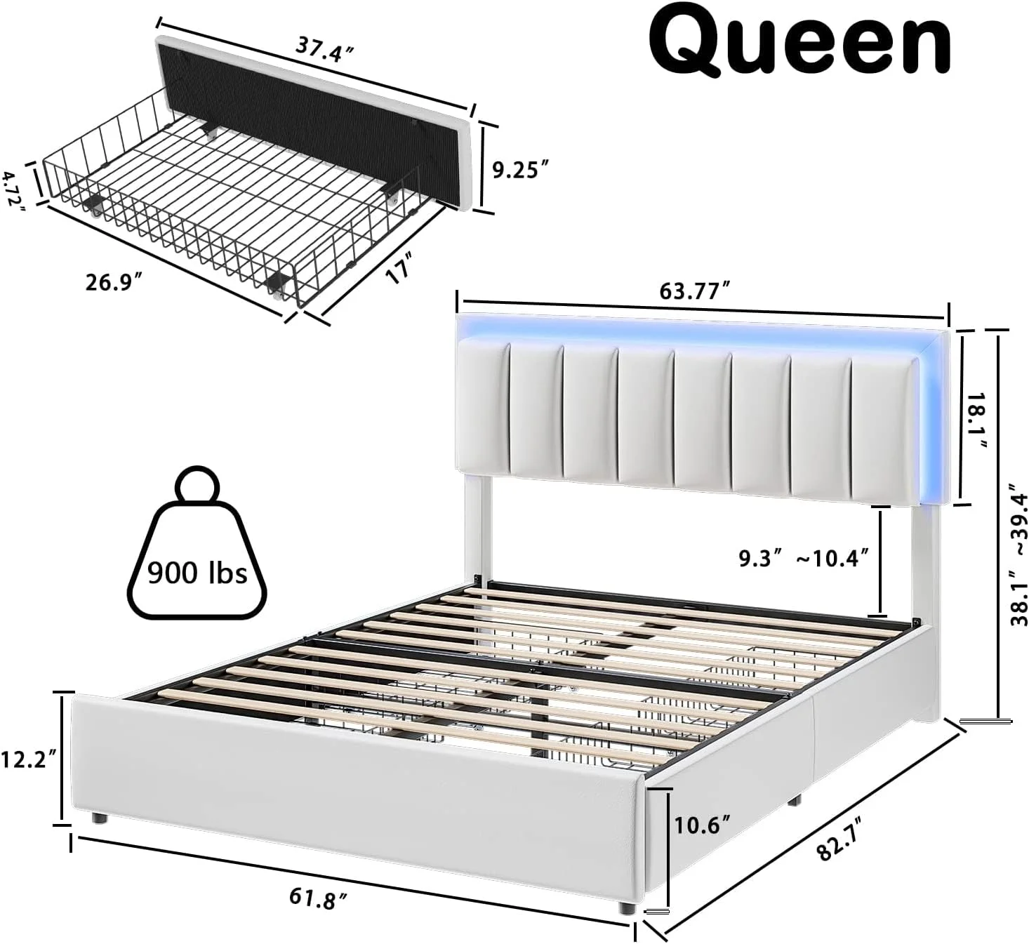 Queen Size Bed Frame with Smart LED Lights Headboard & 4 Drawers, Upholstered Bed Frame Queen with Storage, Modern Faux Leather White Bed Frame, No Box Spring Needed, Easy Assembly - Curated Treasures Market