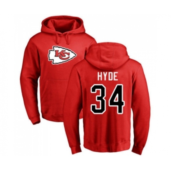 Football Kansas City Chiefs #34 Carlos Hyde Red Name & Number Logo Pullover Hoodie