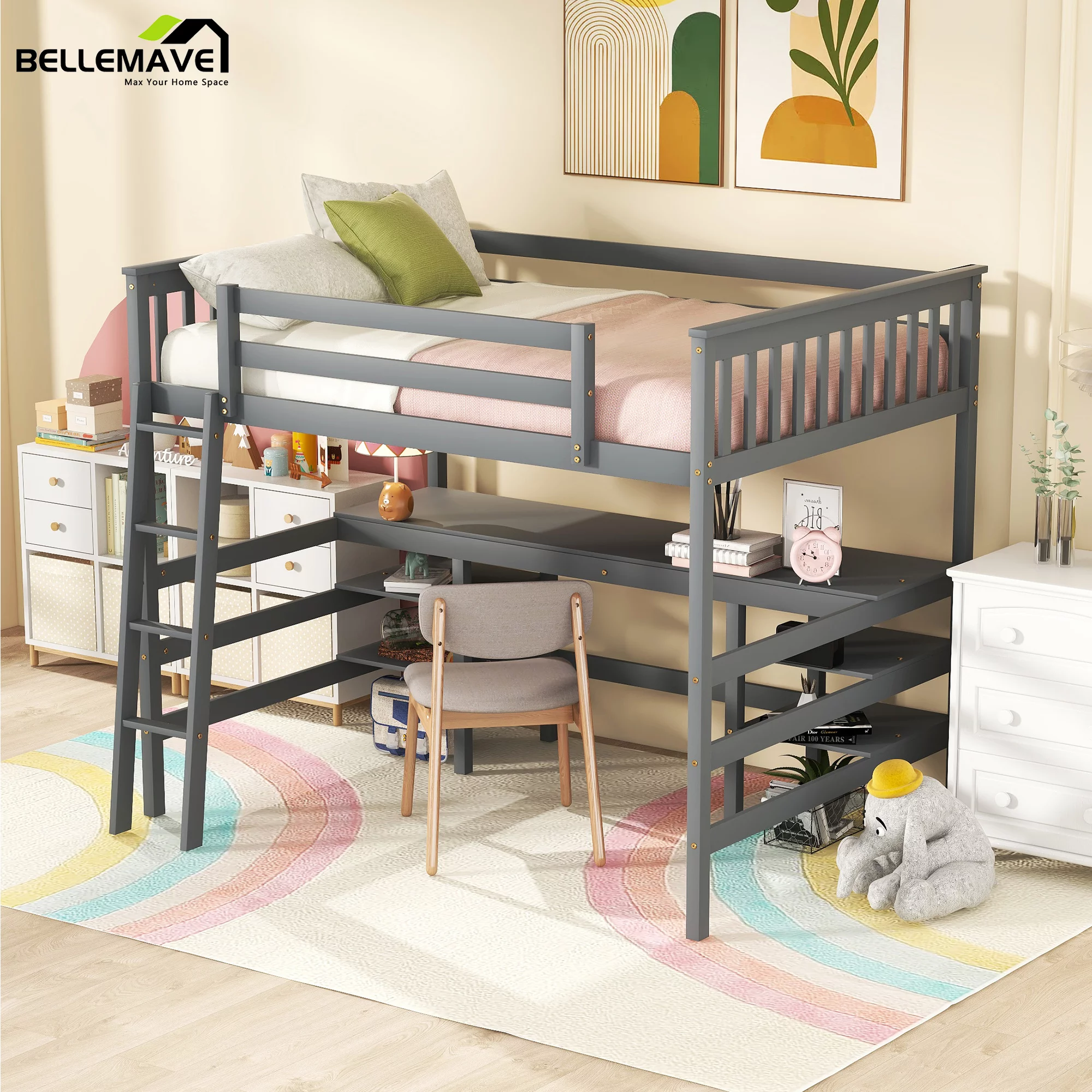 Bellemave Wood Full Size Loft Bed with Desk and Storage Shelves Underneath, High Loft Bed Frame with Ladder for Adults, Teens, Kids (Gray) - Curated Treasures Market