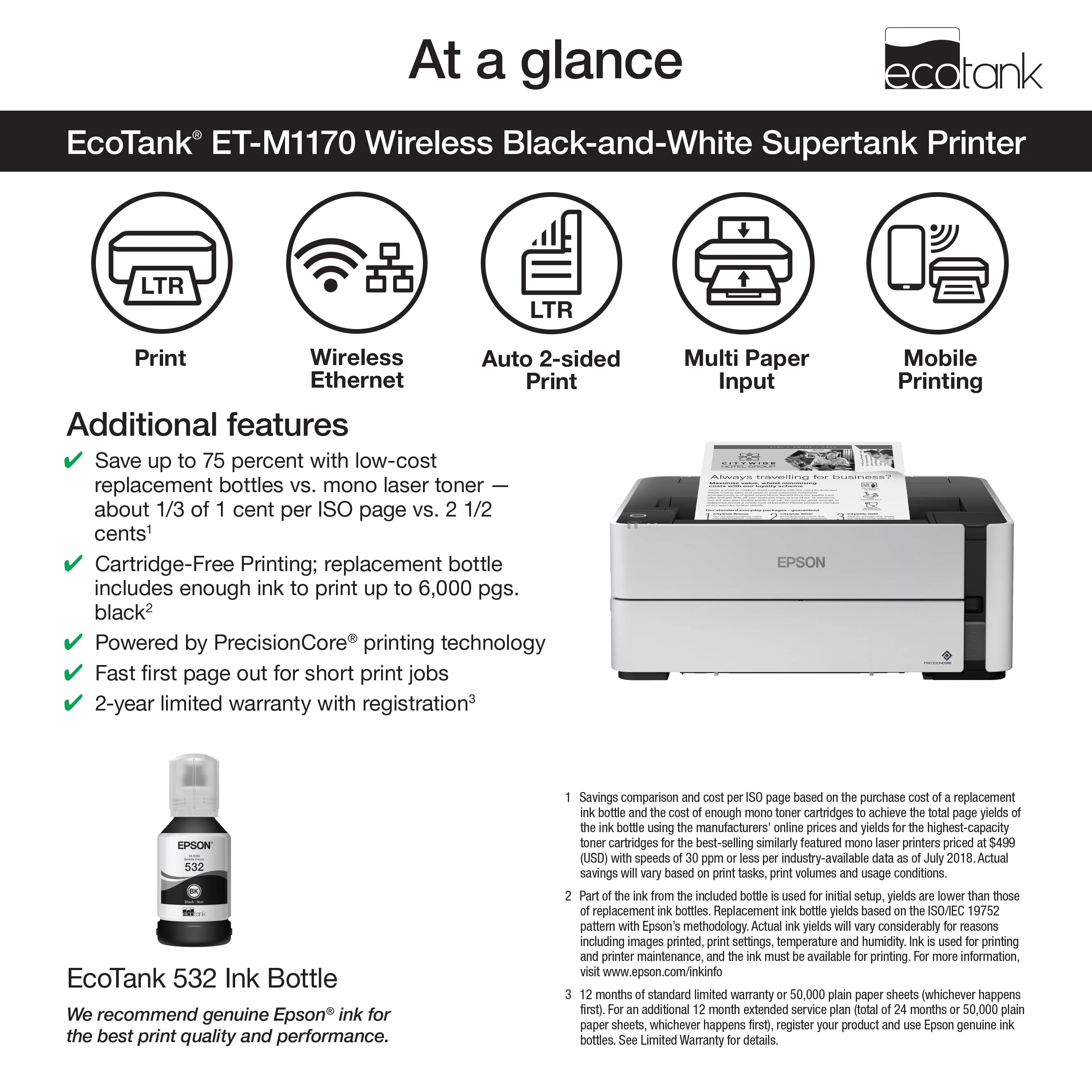 Epson EcoTank ET-M1170 Wireless Monochrome Supertank Printer, Plus Ethernet