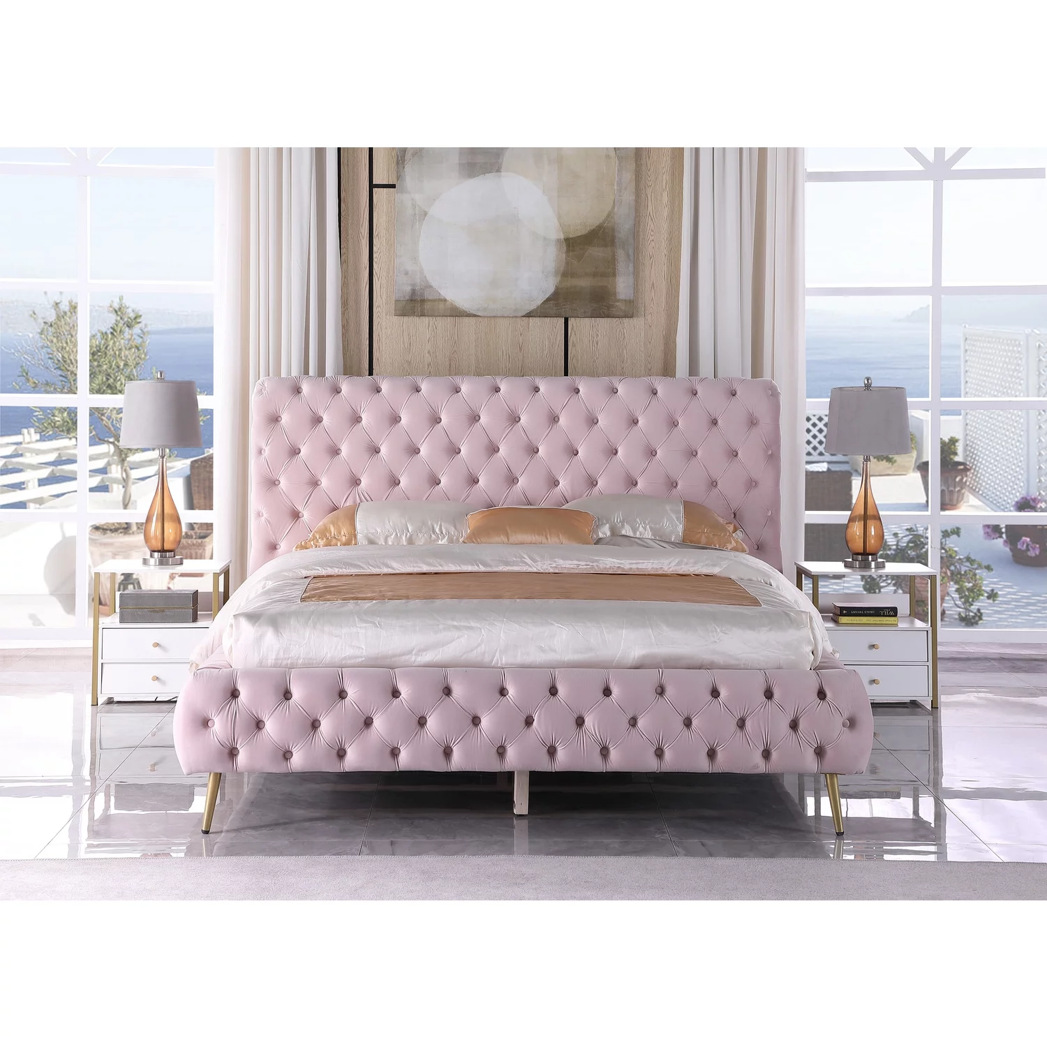 Demeter Velvet Platform Cali King Bed in Pink