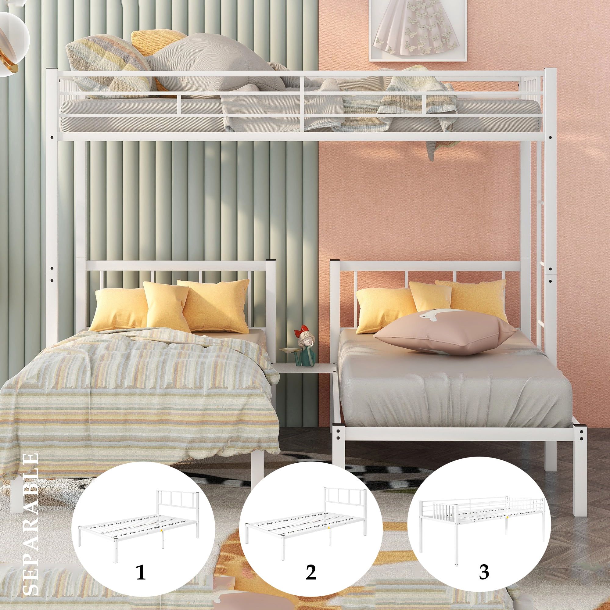 Triple Metal Bunk Bed Twin over Twin with Ladder for Kids, Boys & Girls, Convertible Bunk Set, White - Curated Treasures Market