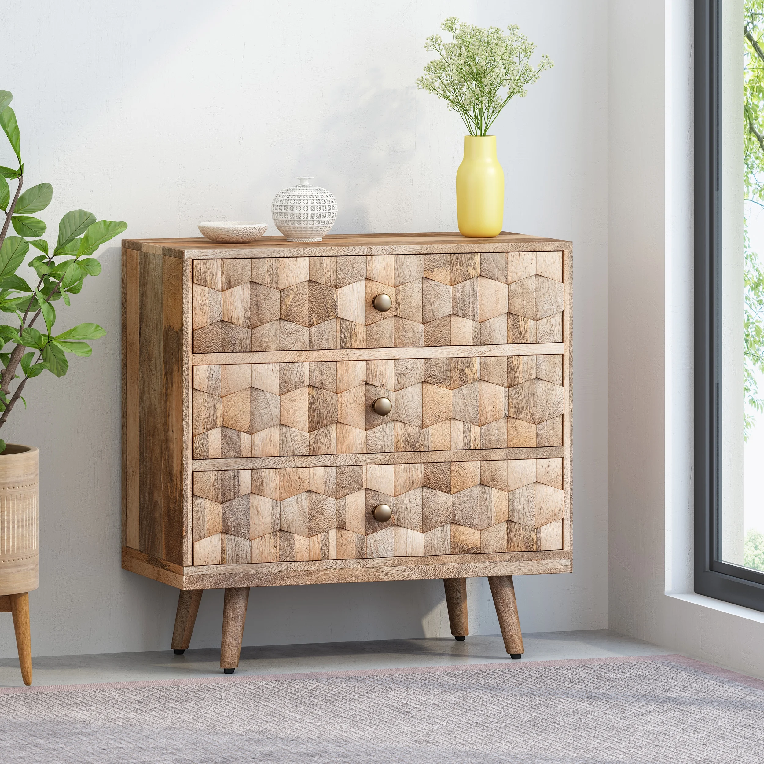 GDF Studio Gredinger Boho Handmade Mango Wood 3 Drawer Chest, Natural