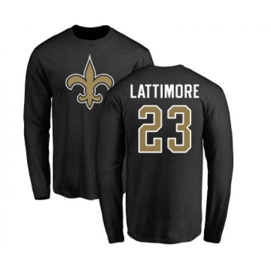 Football New Orleans Saints #23 Marshon Lattimore Black Name & Number Logo Long Sleeve T-Shirt