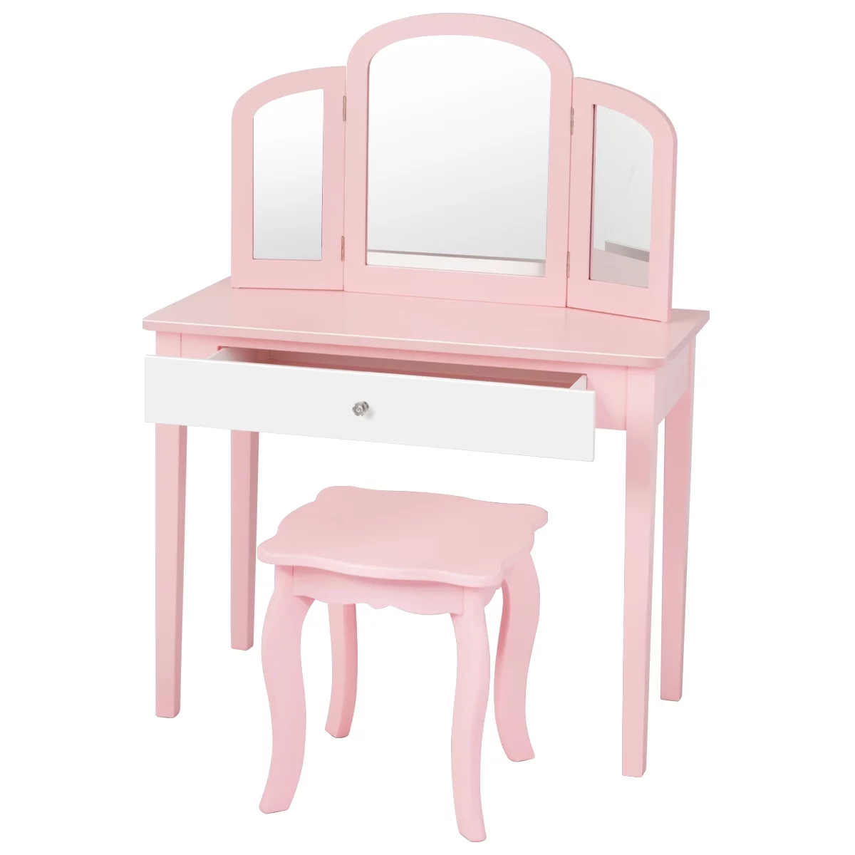 Costway Kids Vanity Set Princess Makeup Dressing Play Table Set W/Mirror-White