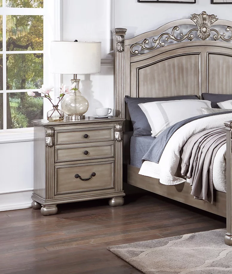 American Classic Eastern King Bed 2x Nightstands Wooden Grey Finish 3pc Set Master Bedroom Furniture