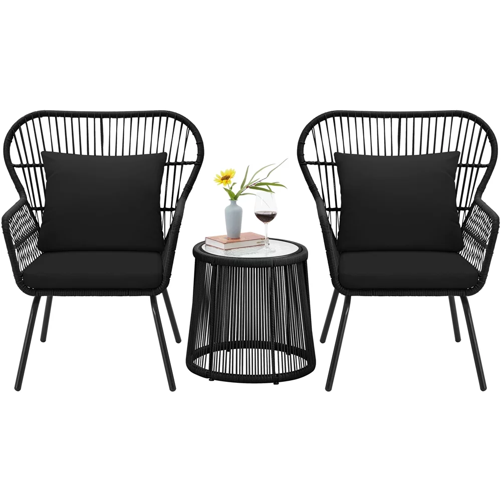 Renwick 3-Piece Patio Bistro Furniture Set with Pillows, Black - Curated Treasures Market