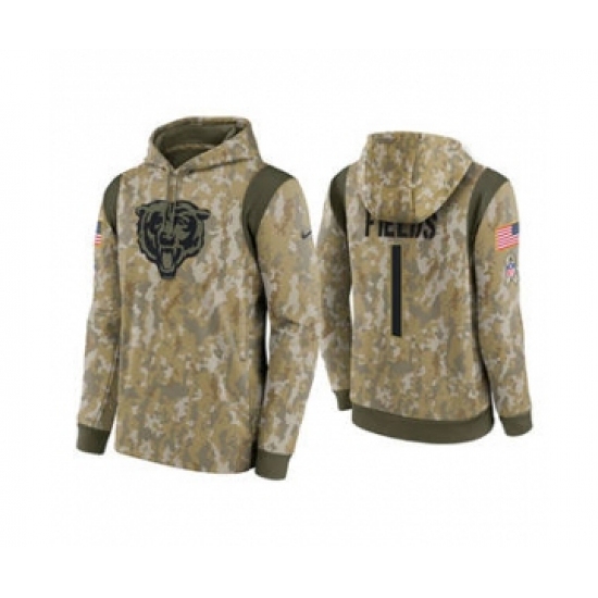 Men's Chicago Bears #1 Justin Fields Camo 2021 Salute To Service Therma Performance Pullover Football Hoodie