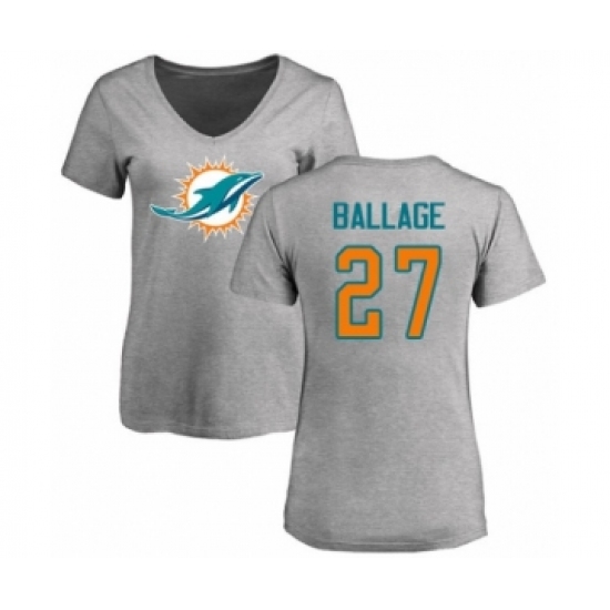 Football Women's Miami Dolphins #27 Kalen Ballage Ash Name & Number Logo T-Shirt