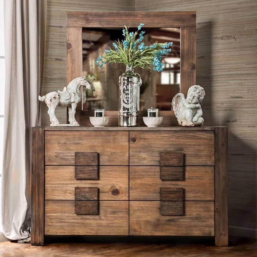 Transitional Style Poised Wooden Dresser. Rustic Natural Brown