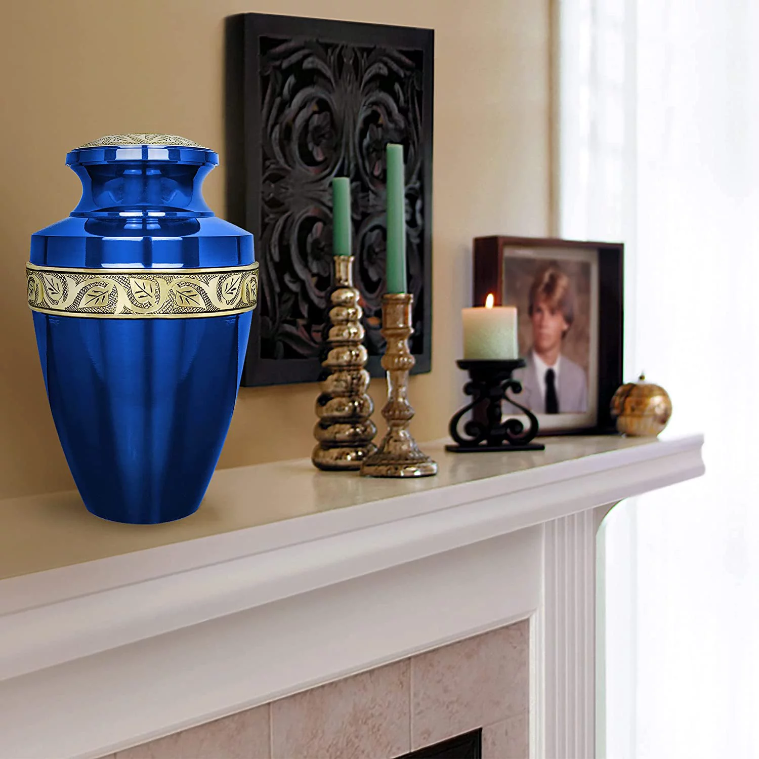 Trupoint Memorials Majestic Extra Large Grecian Blue Cremation Urn for Human Ashes for Human Up to 300 Pounds - with Velvet Bag - Curated Treasures Market